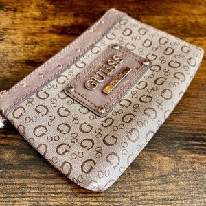 GUESS| Cute Tan/Brown Monogram Wristlet Clutch Mini-Bag